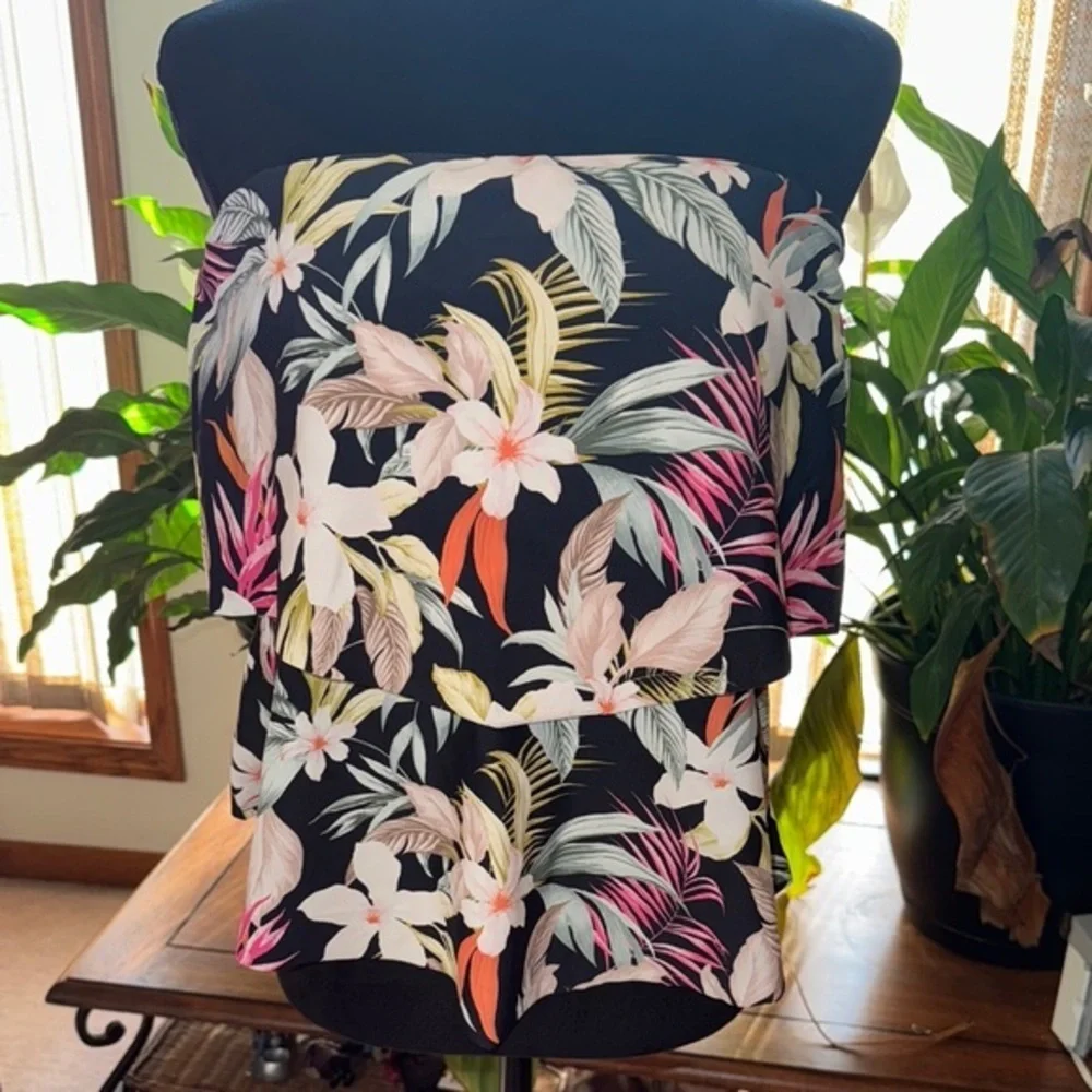 Kona Sol Black and Pink top only Tropical Floral Design